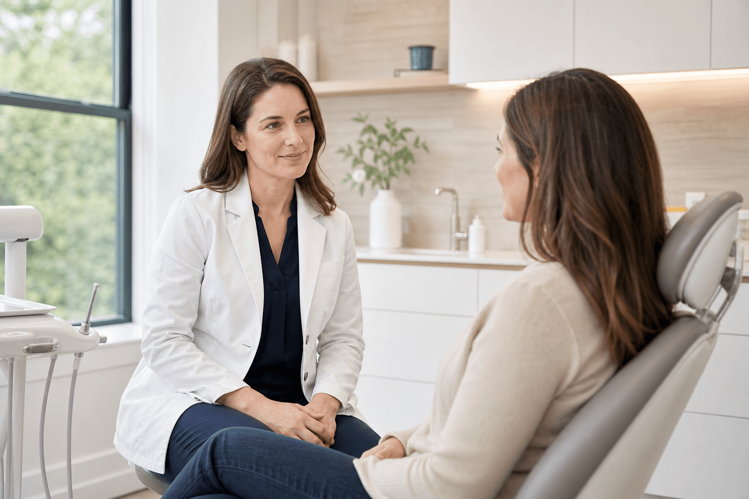 A dentist speaking with a patient in a bright treatment room